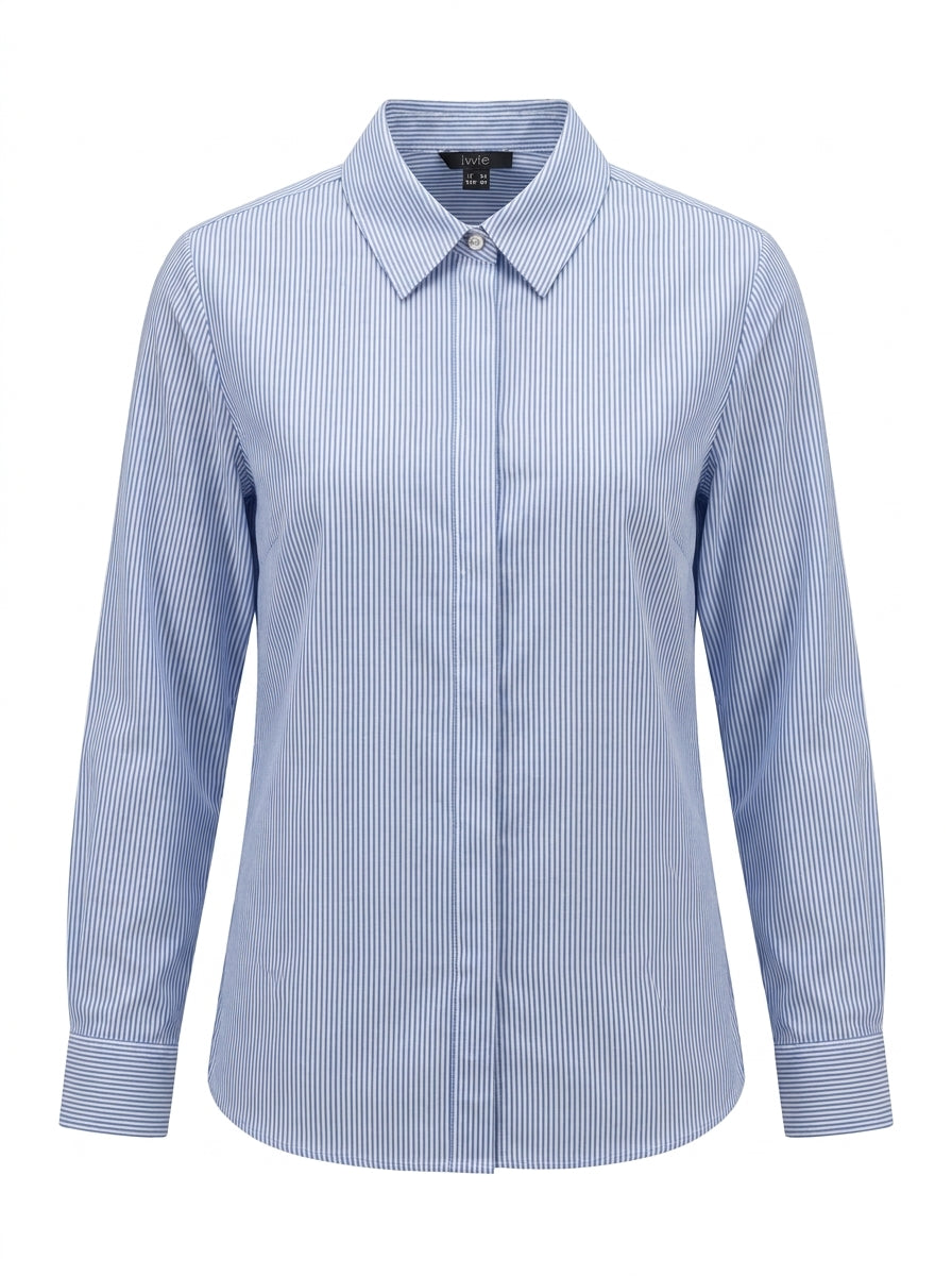 Women's Classic Blue and White Striped Long-Sleeve Shirt
