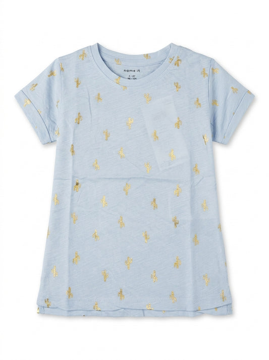 Name It Kids Light Blue T-Shirt with Gold Glitter Cactus Print