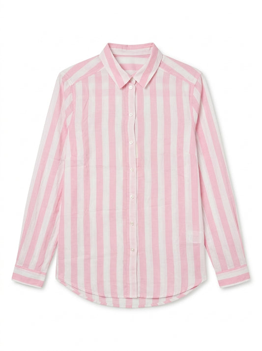Women's Pink Striped Long Sleeve Button-Down Shirt