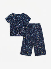Okaidi Girls' Navy Floral Lounge Set | Ribbed Twist-Front Tee & Pants