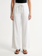 Women White Drawstring Wide-Leg Trousers