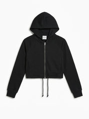 Women Cropped Full-Zip Hoodie with Cinch Hem – Classic Black