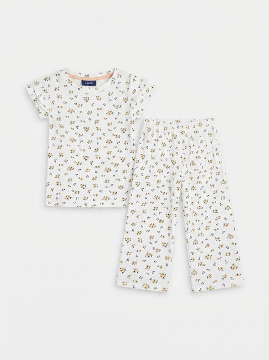 Okaidi Girls' Off-White Floral Lounge Set | Ribbed Tee & Pants