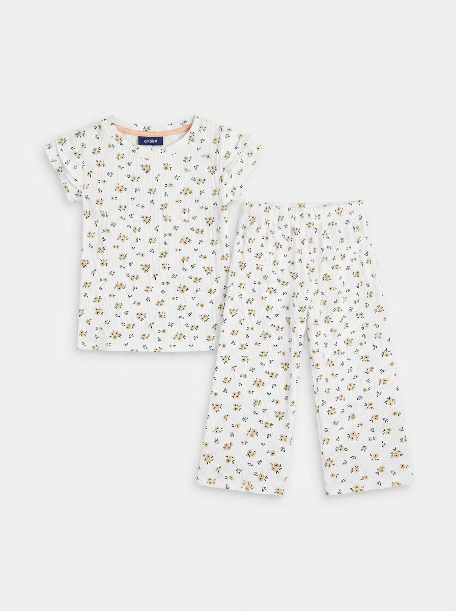 Okaidi Girls' Off-White Floral Lounge Set | Ribbed Tee & Pants