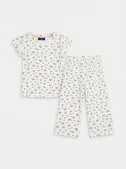 Okaidi Girls' Off-White Floral Lounge Set | Ribbed Tee & Pants