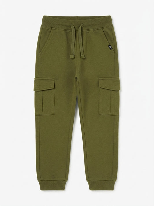 Boys' Olive Khaki Fleece Cargo Sweatpants with Drawstring