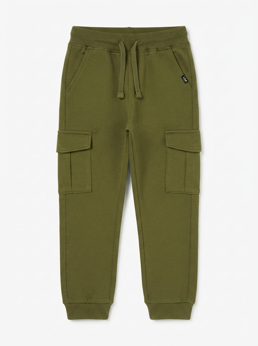 Boys' Olive Khaki Fleece Cargo Sweatpants with Drawstring