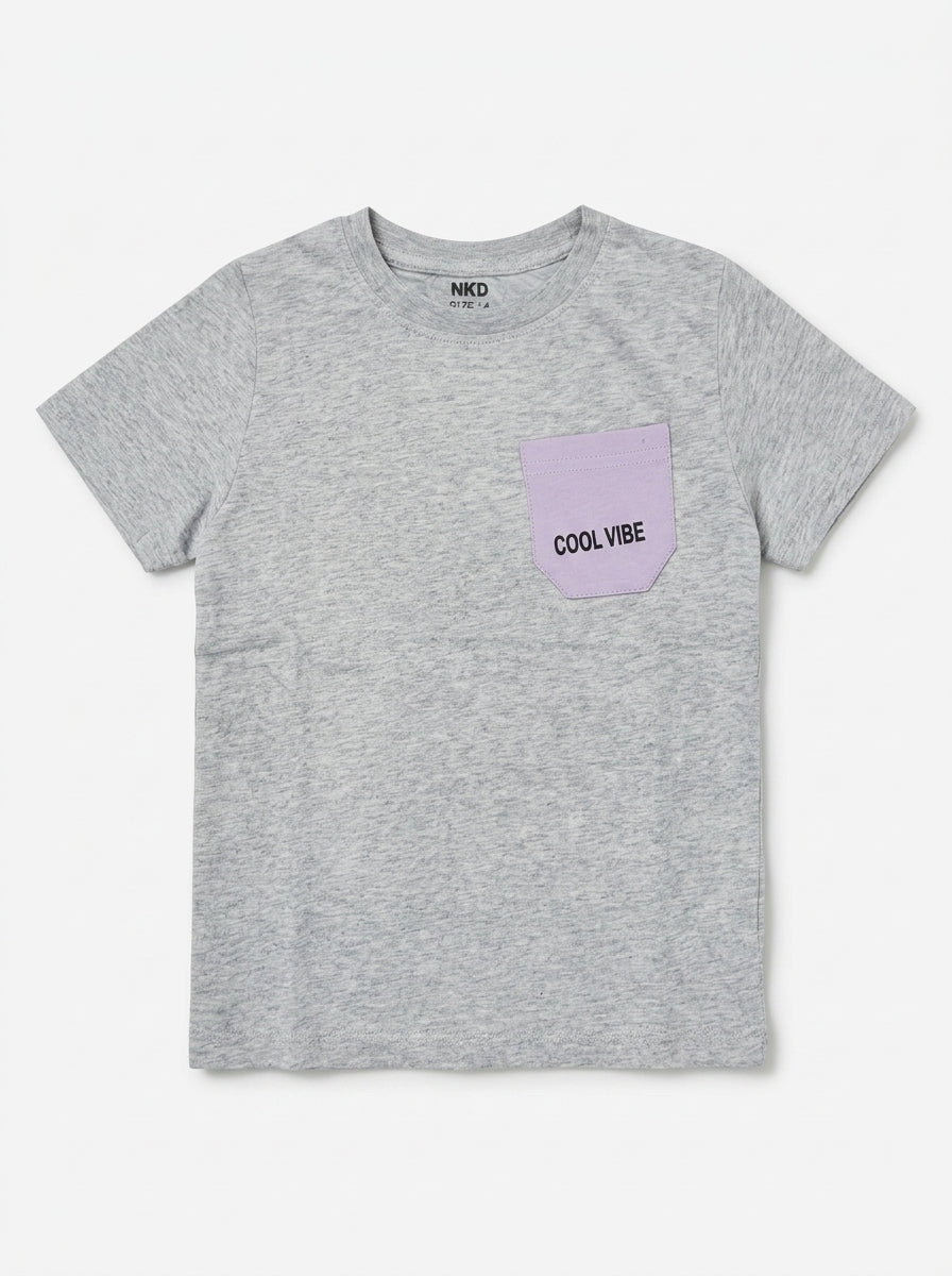 Boys' Light Grey Short-Sleeve Tee with Lilac Chest Pocket
