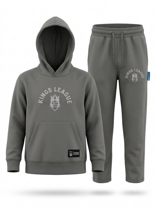 Boys 2-Piece Fleece Tracksuit – Kings League Hooded Sweatshirt & Joggers Set (Charcoal Grey)