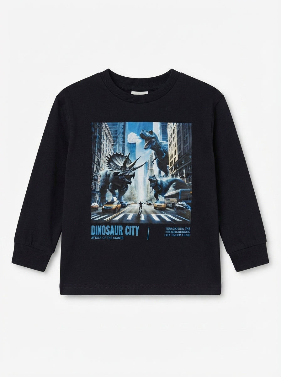 Boy Black DINOSAUR CITY Graphic Long Sleeve T-Shirt Next