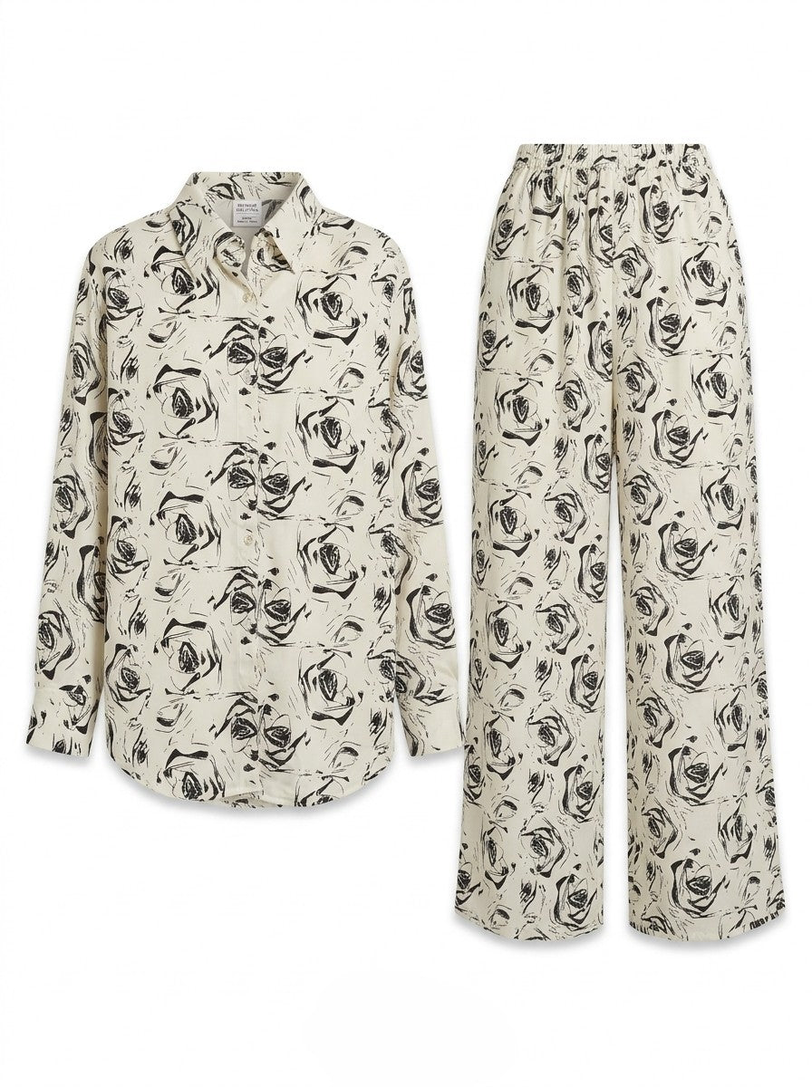 Cream Rose Sketch 2-Piece Shirt & Wide-Leg Pants Set