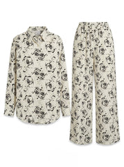 Cream Rose Sketch 2-Piece Shirt & Wide-Leg Pants Set