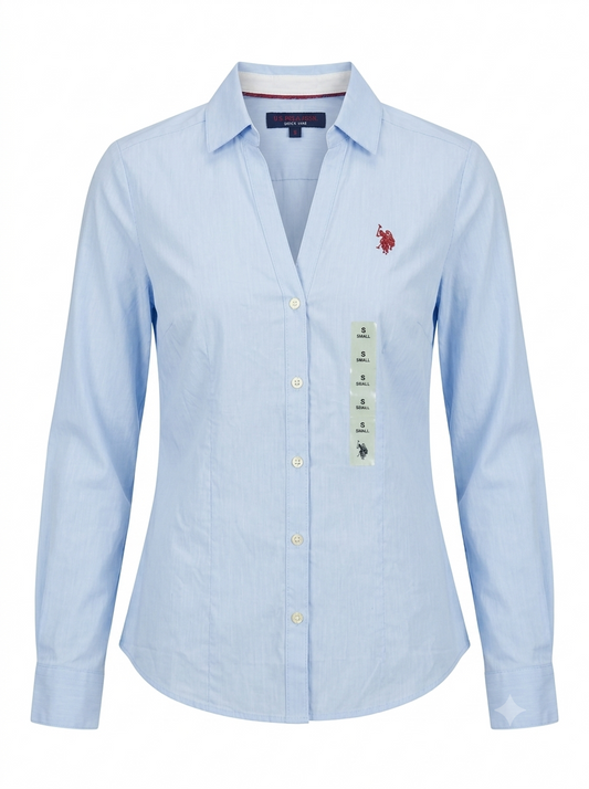 Women's Light Blue Open-V Neck Button-Down Shirt