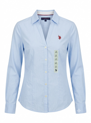 Women's Light Blue Open-V Neck Button-Down Shirt