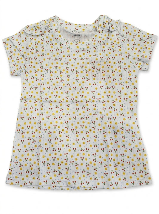 Girls' White Cherry & Floral Print T-Shirt with Ruffle Shoulders