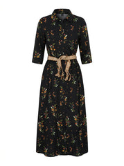 Women Black Tropical Botanical Belted Shirt Dress