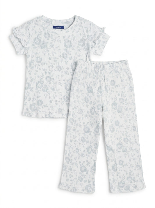 OKAIDI Girls' Off-White Floral Lounge Set | Ribbed Tee & Pants