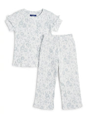 OKAIDI Girls' Off-White Floral Lounge Set | Ribbed Tee & Pants