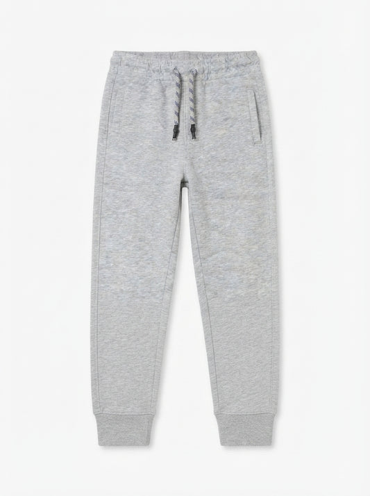 Kids' Light Grey Melange Fleece Joggers with Patterned Drawstring