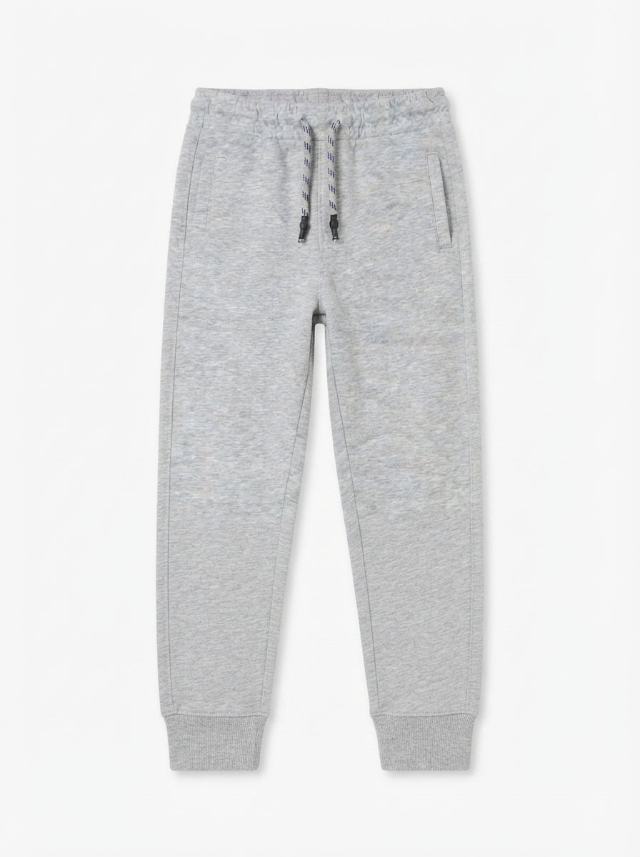 Kids' Light Grey Melange Fleece Joggers with Patterned Drawstring