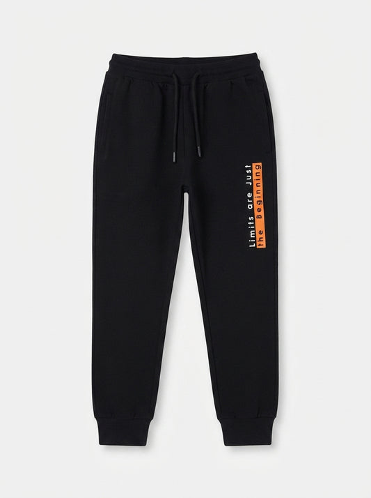 Boys' Black Casual Sweatpants with Orange Slogan Print & Drawstring