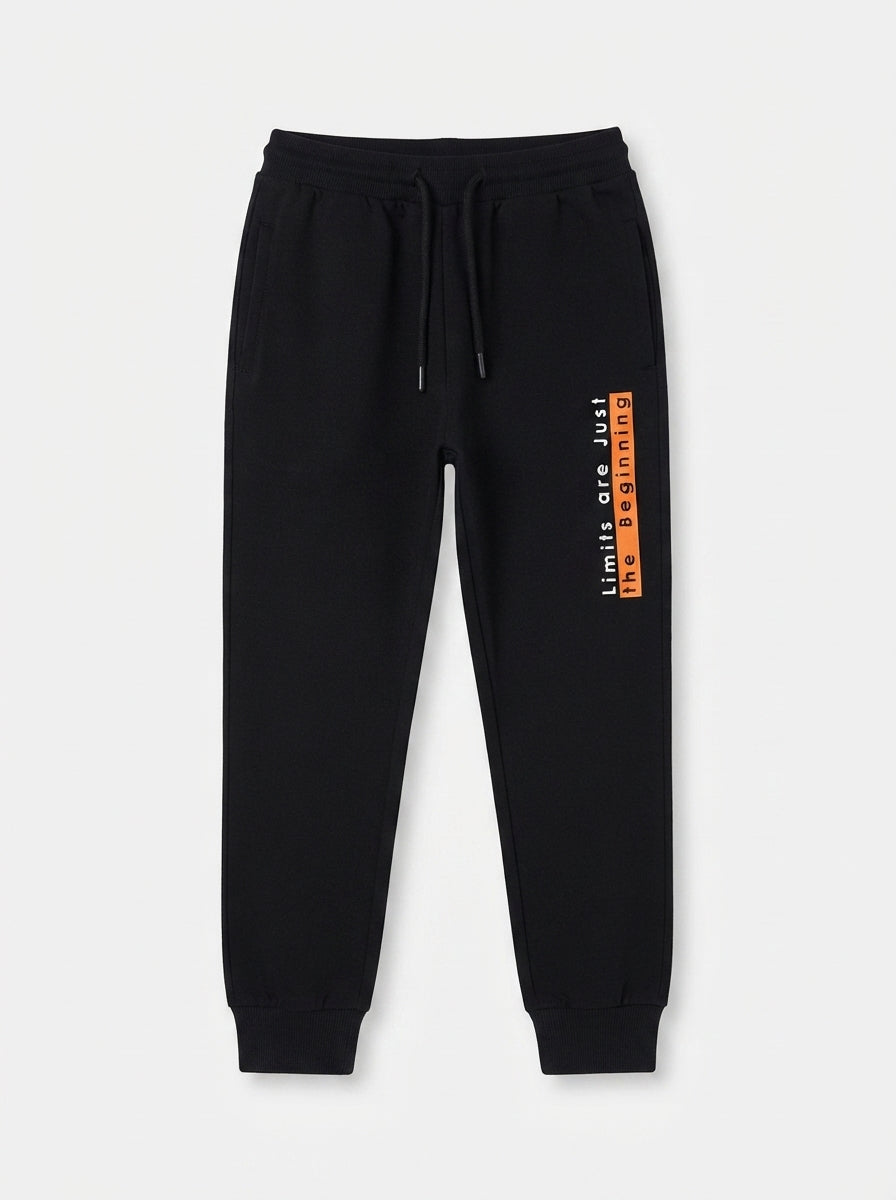 Boys' Black Casual Sweatpants with Orange Slogan Print & Drawstring