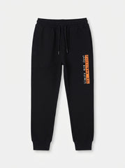 Boys' Black Casual Sweatpants with Orange Slogan Print & Drawstring