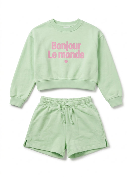 Girls' 2-Piece "Bonjour Le Monde" Sweatshirt & Shorts Set
