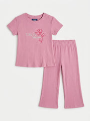 OKAIDI Girls' Mauve Pink Floral Lounge Set | Ribbed Tee & Pants