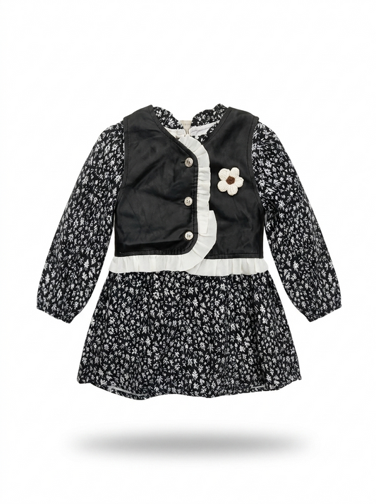 Girls' Black Floral Vest-Style Winter Frock
