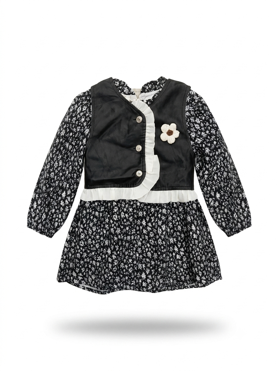 Girls' Black Floral Vest-Style Winter Frock