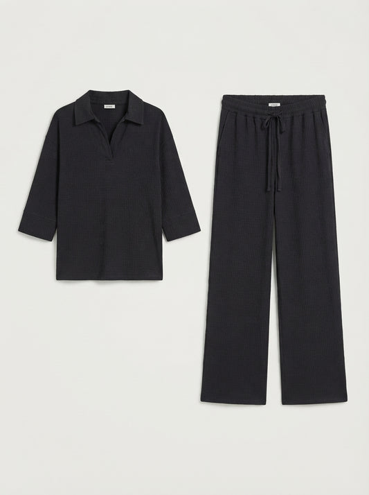 Oysho Black Textured Polo Co-Ord Set