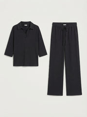Oysho Black Textured Polo Co-Ord Set