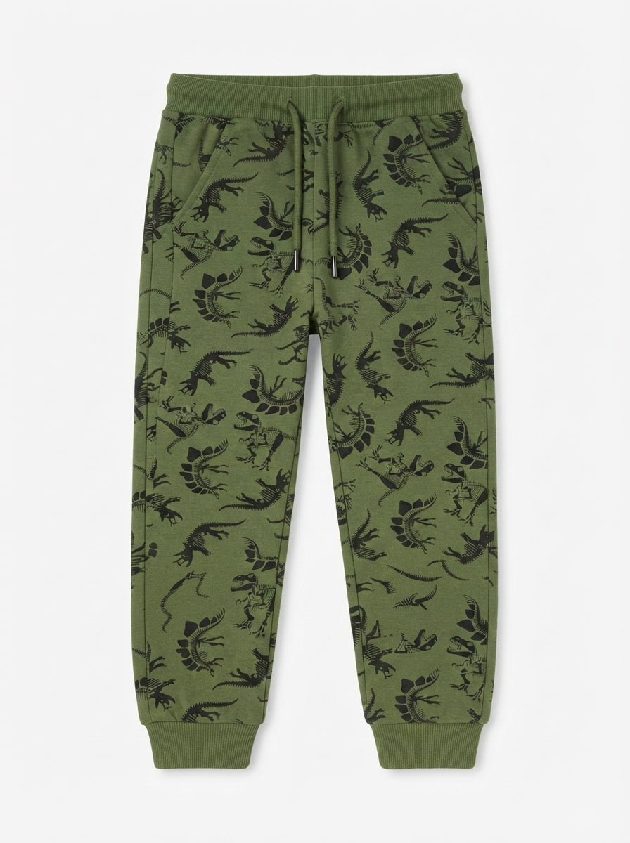 Boys' Olive Green All-Over Dino Print Sweatpants with Drawstring