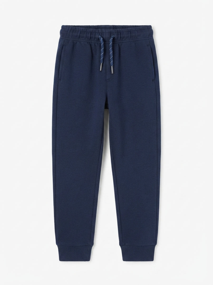 Boys' Solid Navy Blue Casual Sweatpants with Elasticated Ankle Cuffs