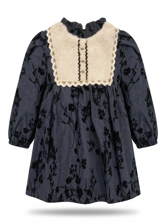 Girls' Cozy Floral Sherpa-Accent Winter Frock
