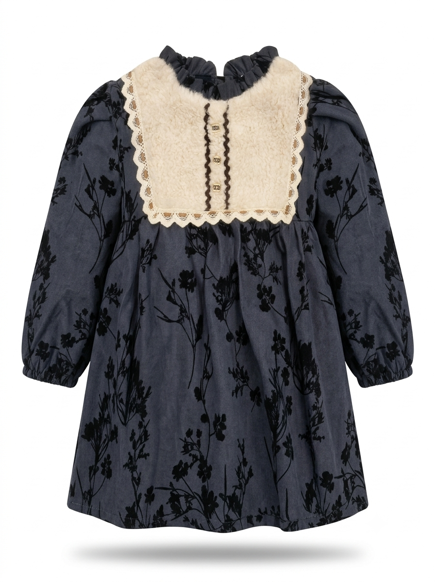 Girls' Cozy Floral Sherpa-Accent Winter Frock