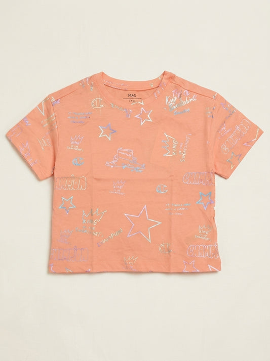 M&S Kids Peach Coral Star & Slogan Graphic T-Shirt