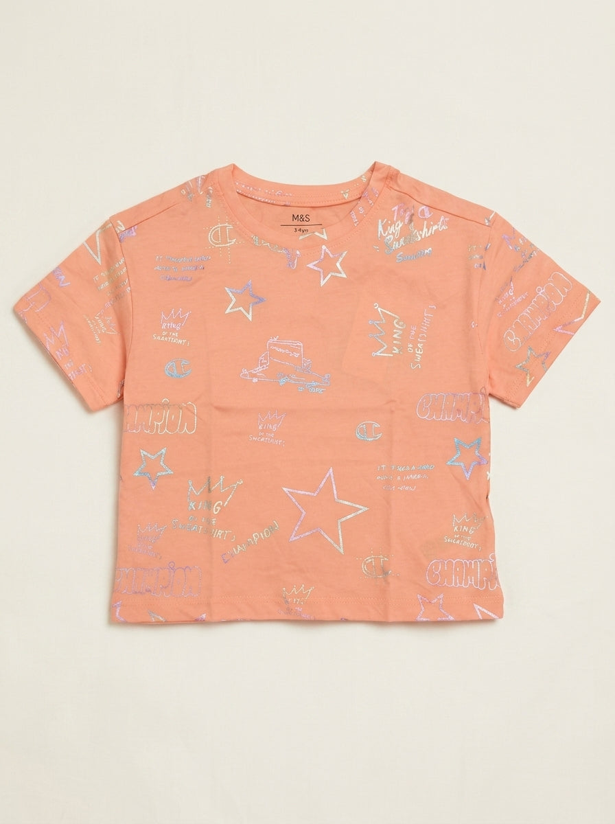 M&S Kids Peach Coral Star & Slogan Graphic T-Shirt