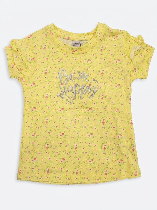 Girls' Yellow Floral T-Shirt - "Be Happy" Print & Ruffle Sleeves