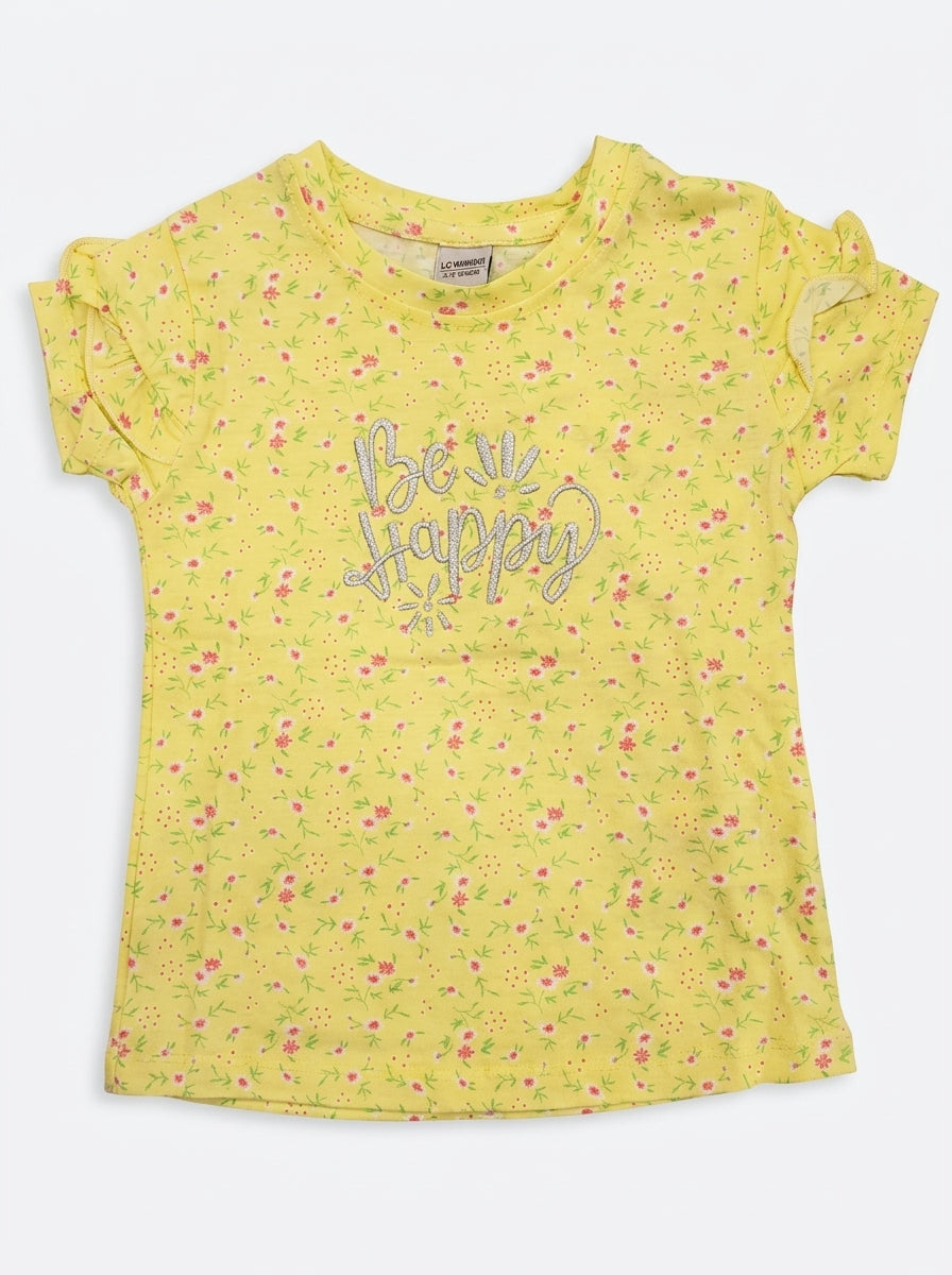 Girls' Yellow Floral T-Shirt - "Be Happy" Print & Ruffle Sleeves