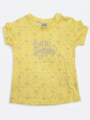 Girls' Yellow Floral T-Shirt - "Be Happy" Print & Ruffle Sleeves