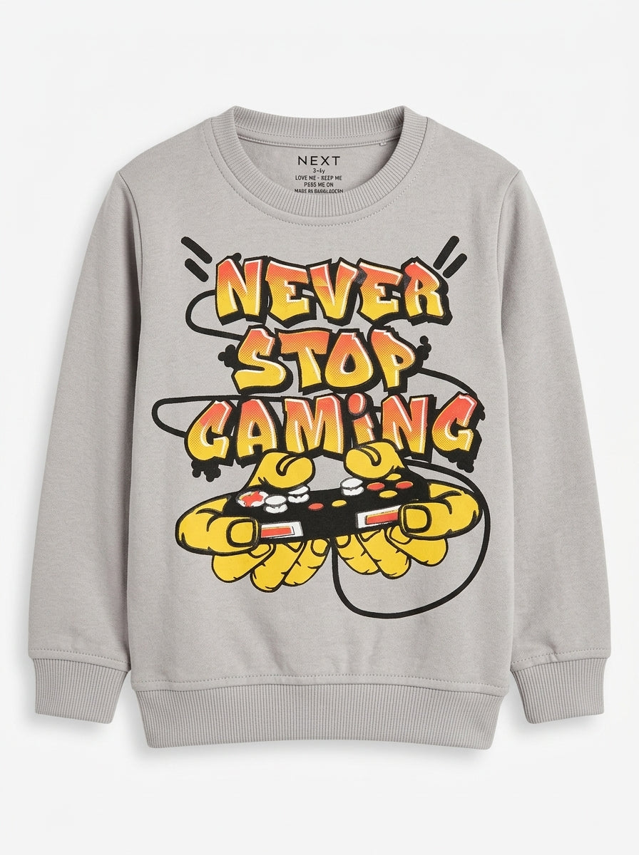 Boys' Light Grey "Never Stop Gaming" Long-Sleeve Sweatshirt – Next