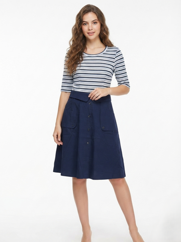 Women's Striped Fit & Flare  Dress – Navy Blue