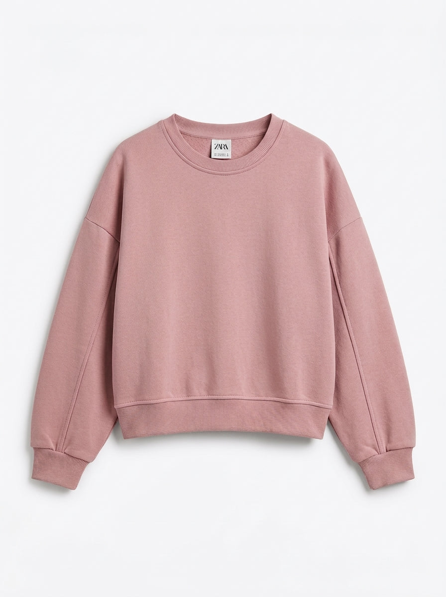 Girls' Dusty Pink Oversized Crewneck Sweatshirt – Soft Cotton Blend Casual Pullover