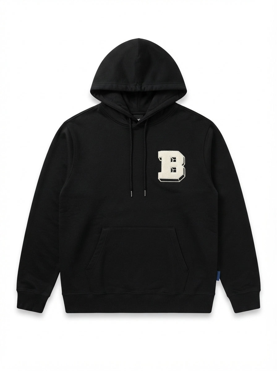 Varsity Hoodie Black with Bold 'B' Patch Men's Heavyweight Pullover
