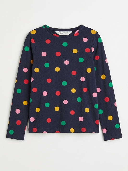 Girls' Navy Blue Multi-Color Polka Dot Long-Sleeve T-Shirt