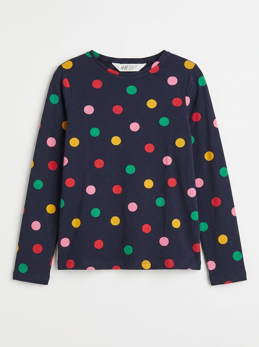 Girls' Navy Blue Multi-Color Polka Dot Long-Sleeve T-Shirt