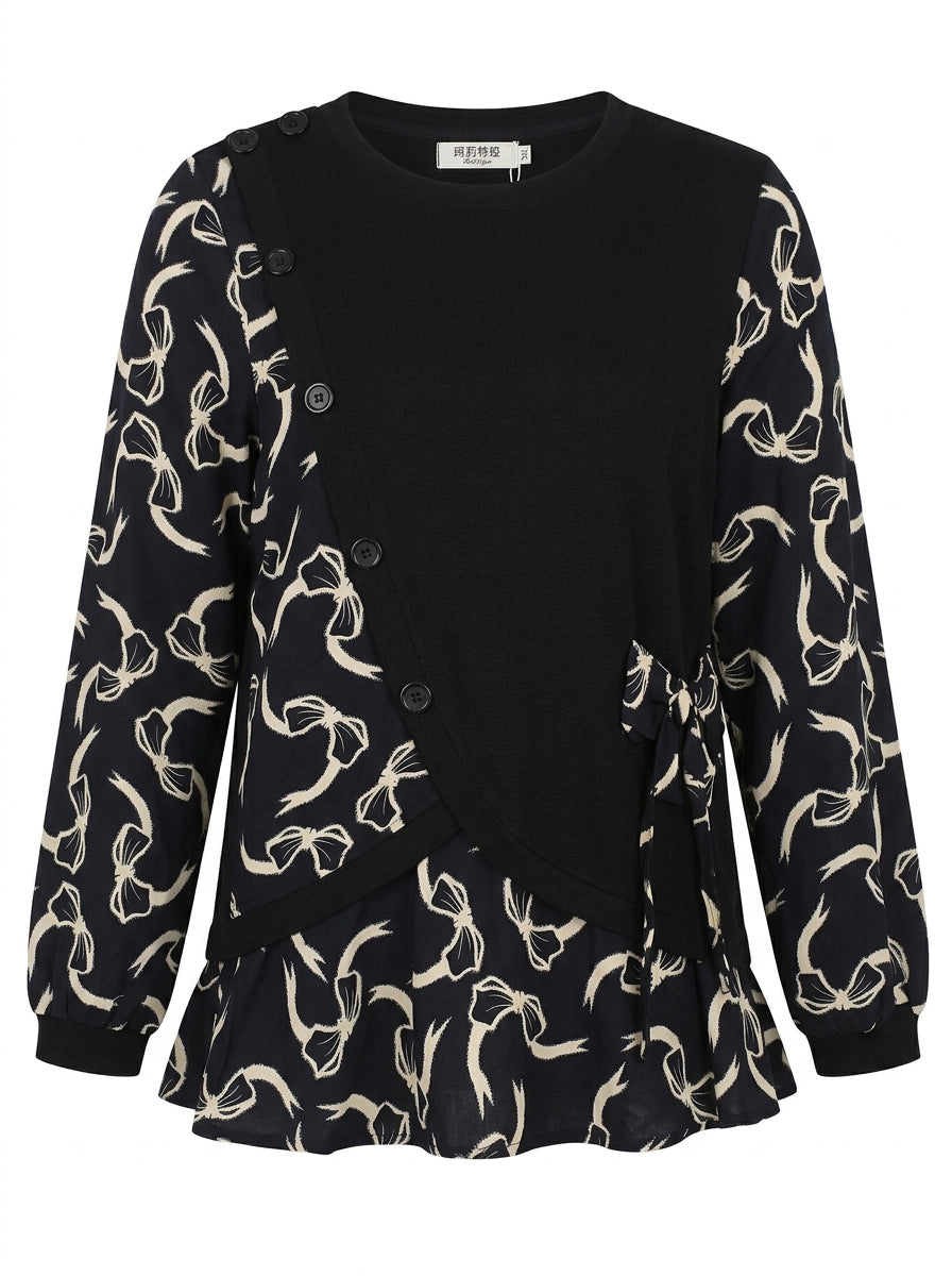 Women’s Asymmetrical Bow Print Layered Knit Top