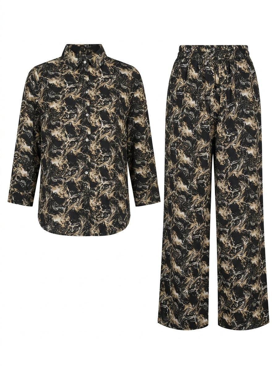 Black & Gold Marble 2-Piece Shirt & Wide-Leg Pants Set